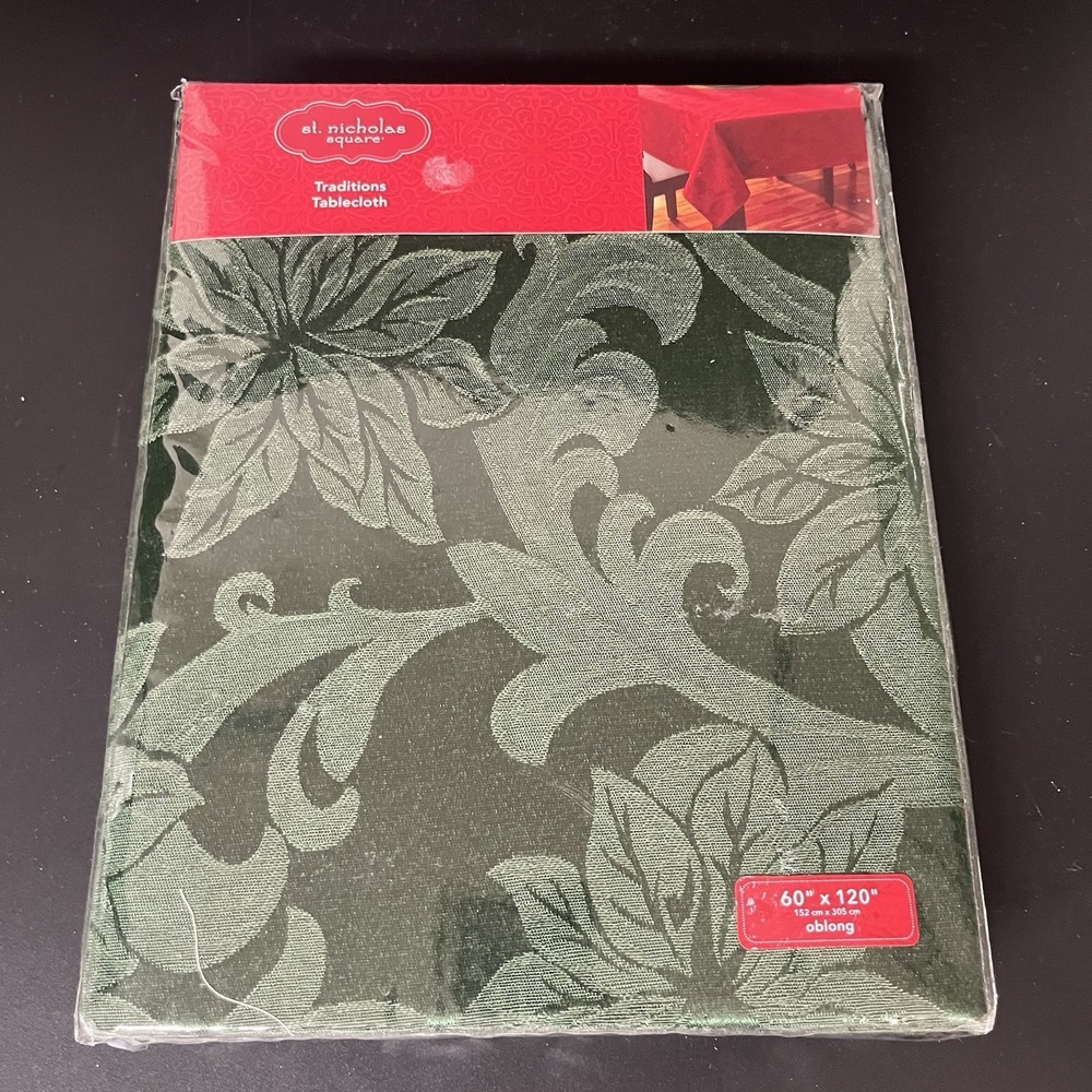 St Nicholas Square Traditions Tablecloth Green Damask Floral 60x120 Oblong NIP